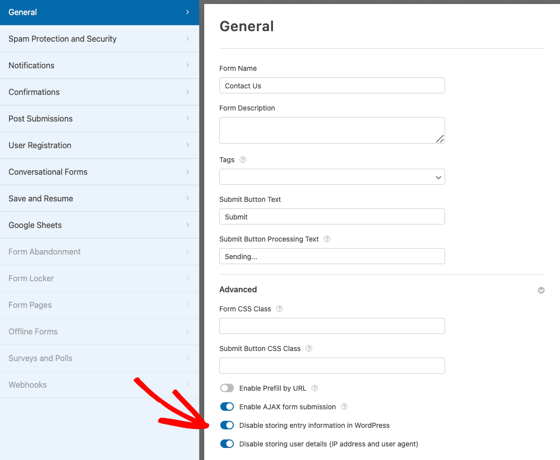 Enabling GDPR settings for a form