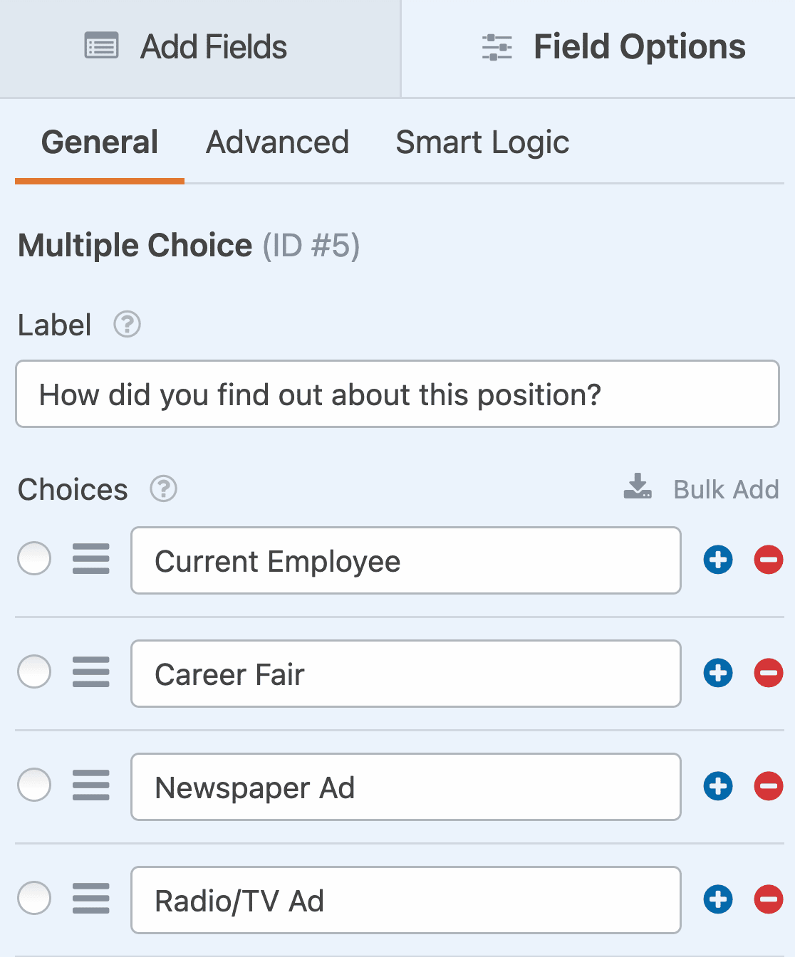 Editing the field options for the Multiple Choice field in the Job Application Upload Form template