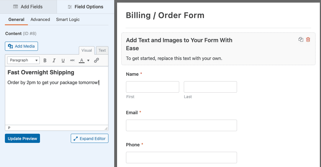 Adding shipping information to a Content field