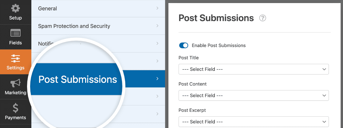 Opening the post submissions settings in the form builder