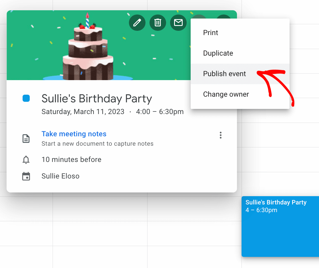 Publishing a Google Calendar event