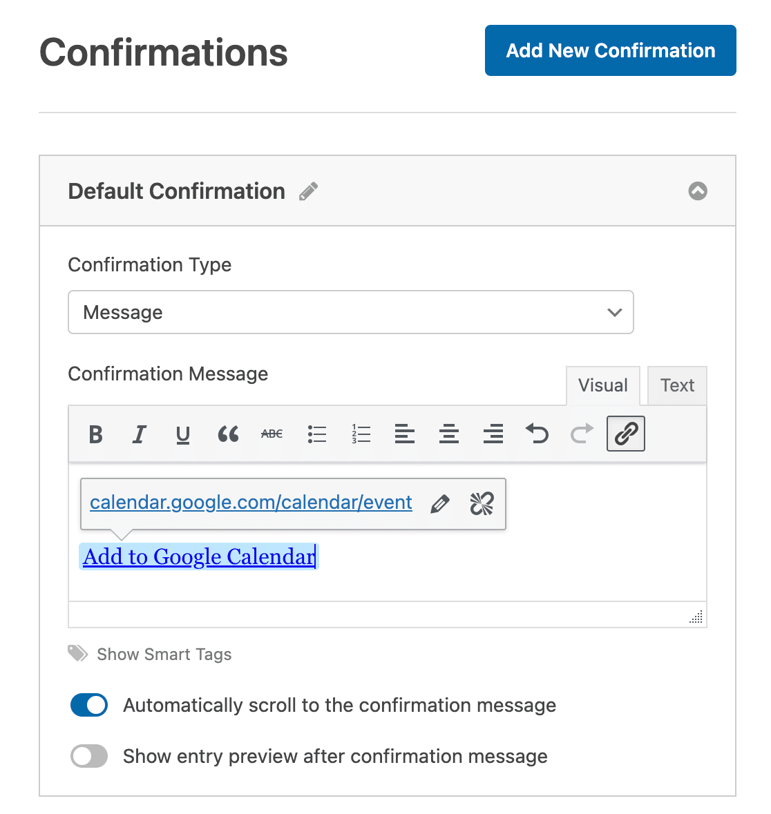 Adding a Google Calendar event link to a confirmation message