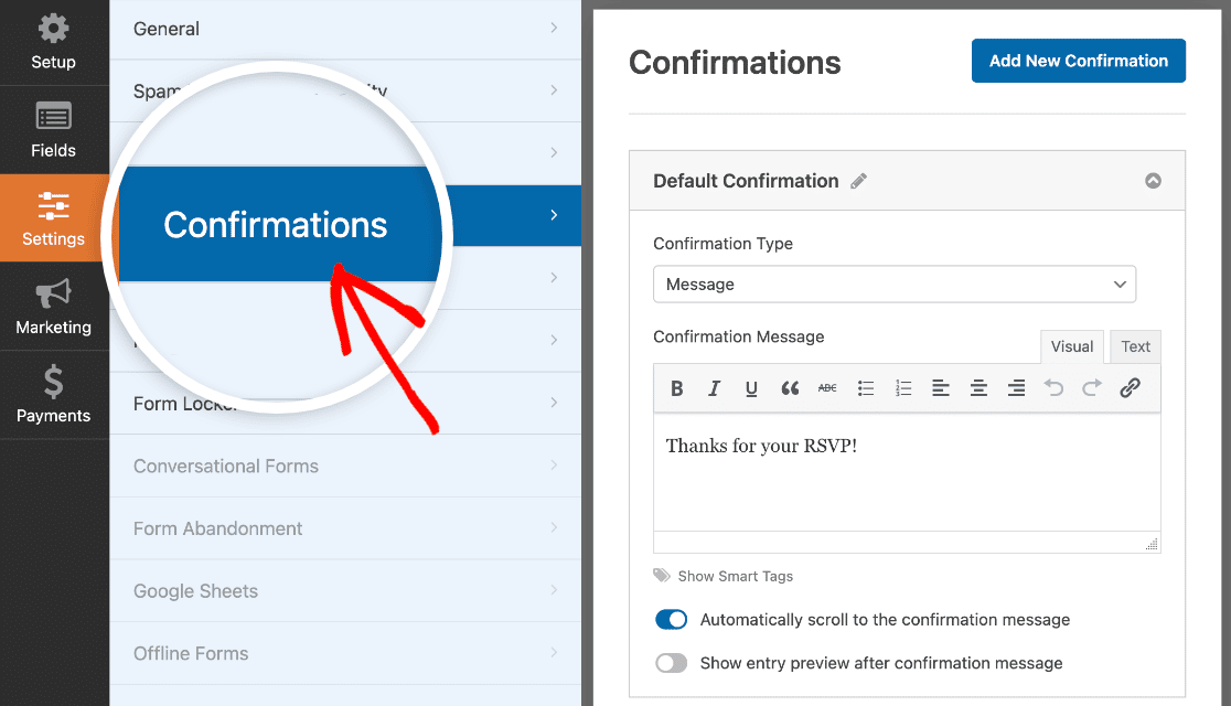 Opening the confirmations settings for an RSVP form