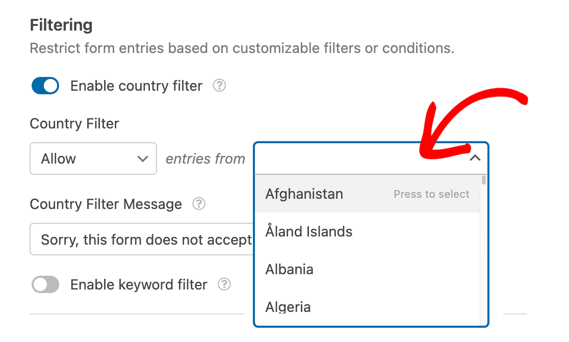 Select countries from dropdown