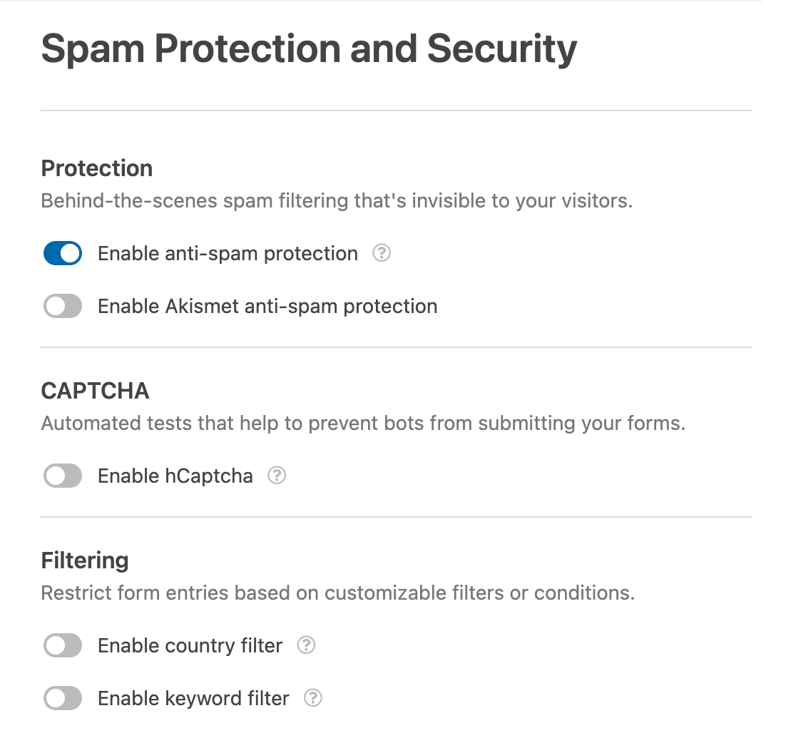 The WPForms in-form spam protection and security settings panel