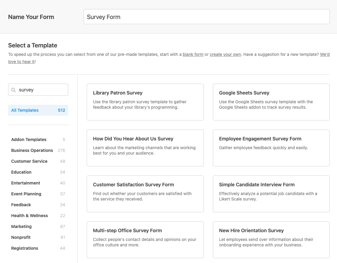 Viewing WPForms survey templates