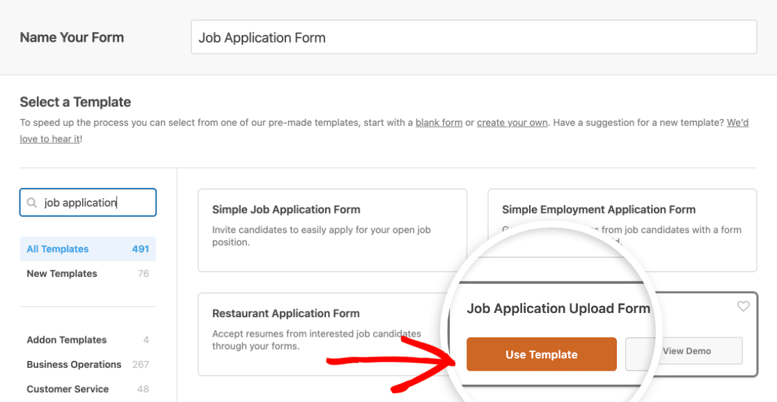 Choosing the Job Application Upload Form template