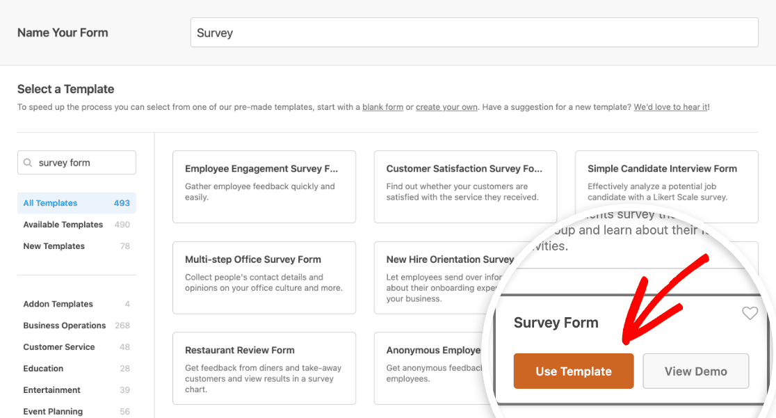 Choosing the Survey Form template