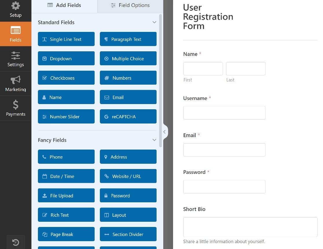 user registration form builder