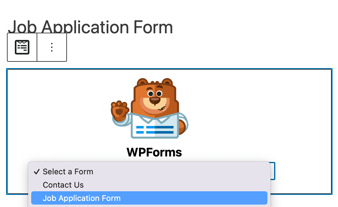 Selecting a Job Application Form from the WPForms block dropdown