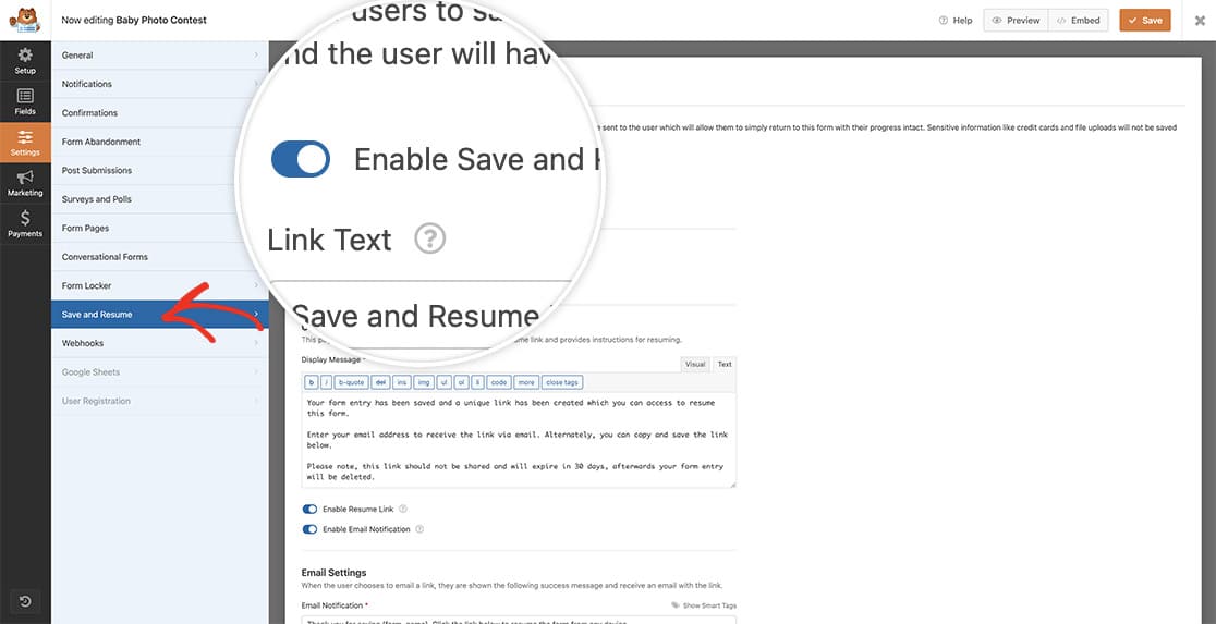 enable the Save and Resume addon from the tab under settings while inside the form builder