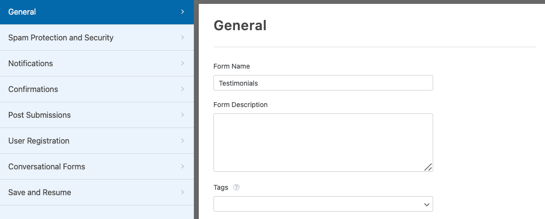 The WPForms form settings