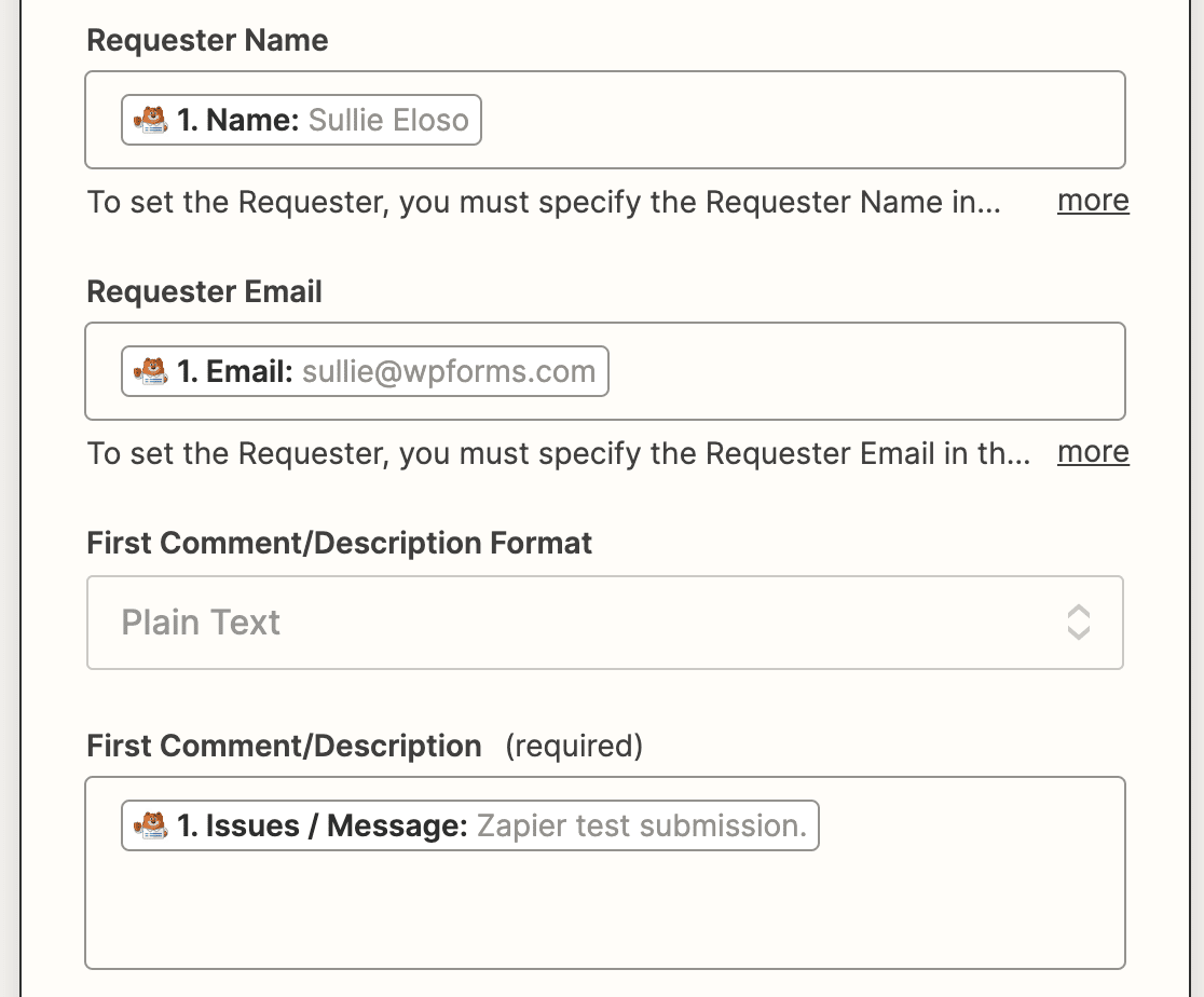 Filling out required ticket template fields for Zendesk in Zapier