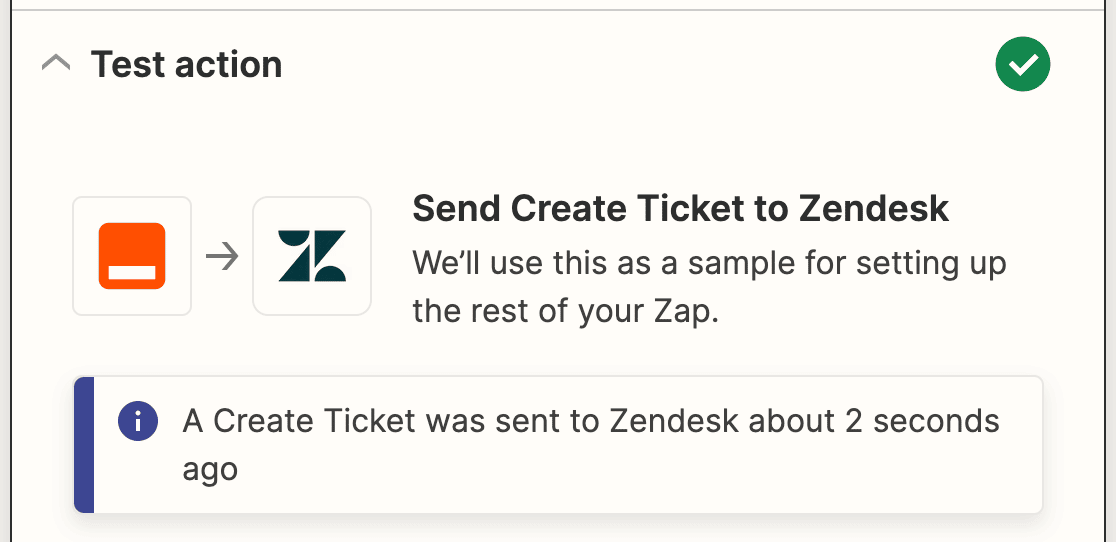 A success message for a Zapier Zendesk action test