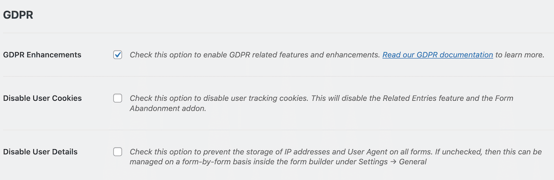 The GDPR settings in WPForms