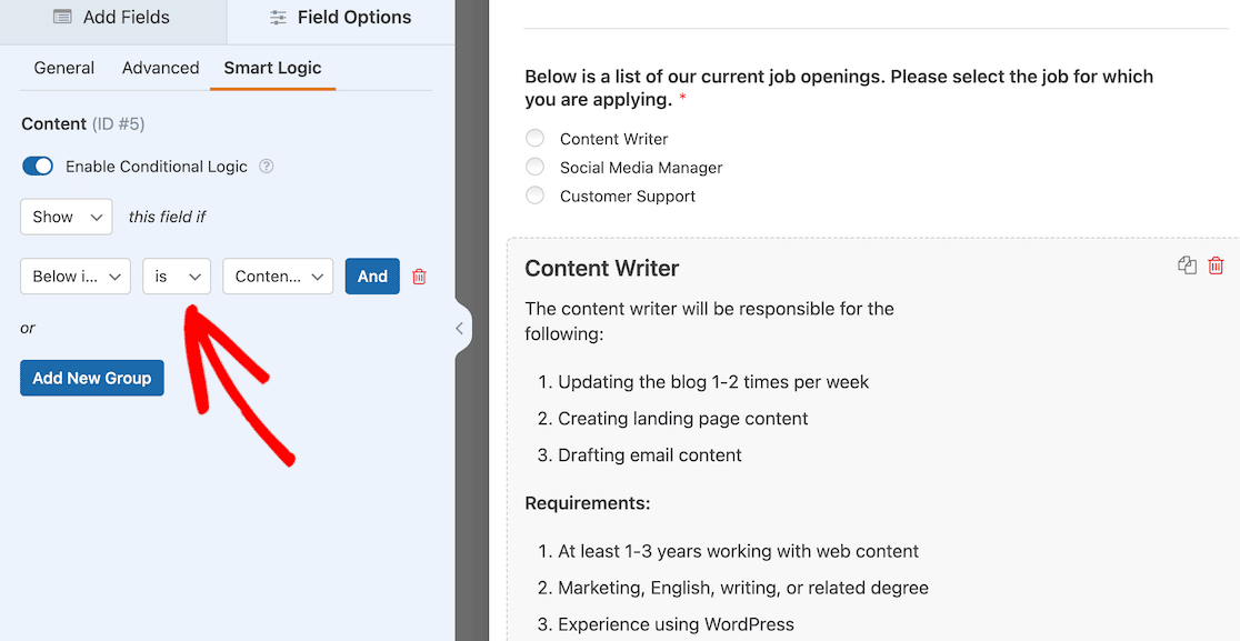 Conditional Logic Setup Job Application