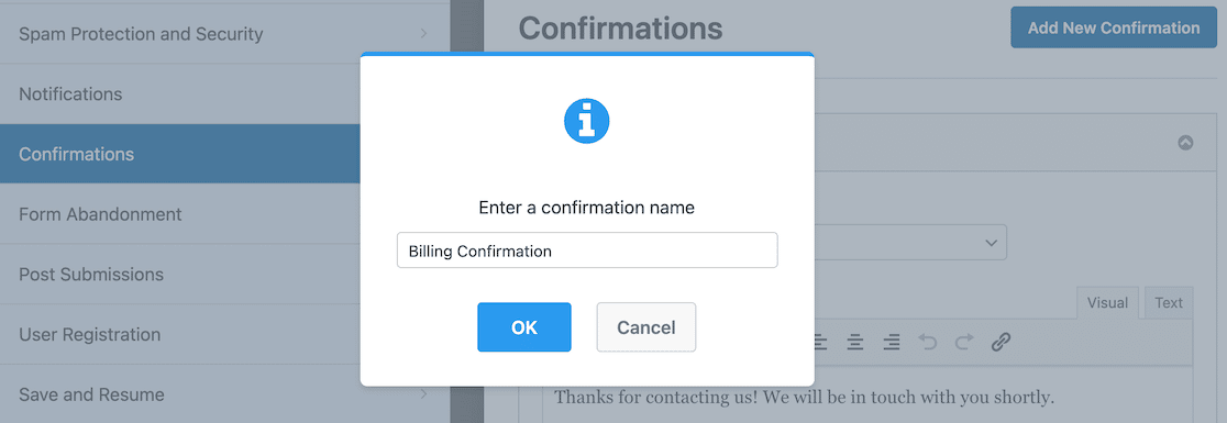 enter a confirmation name