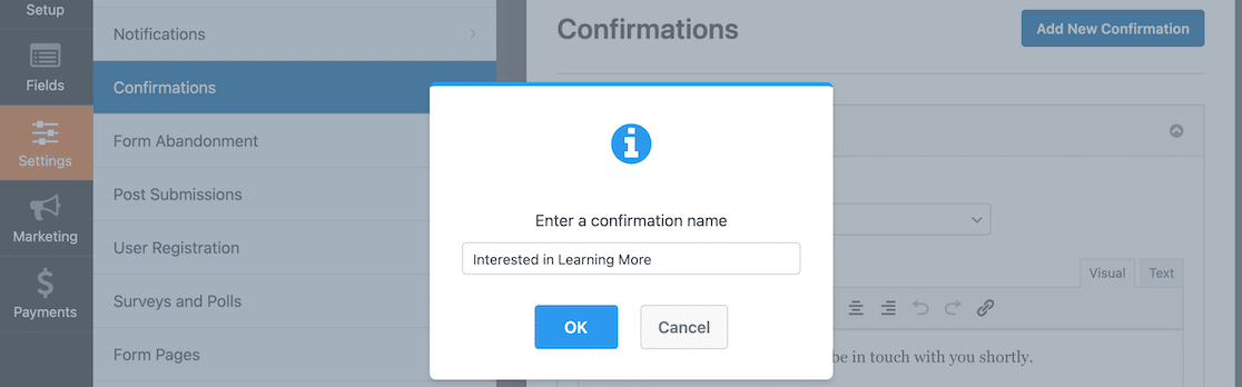 Entering a new confirmation name
