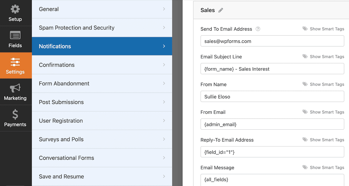 sales notification setup