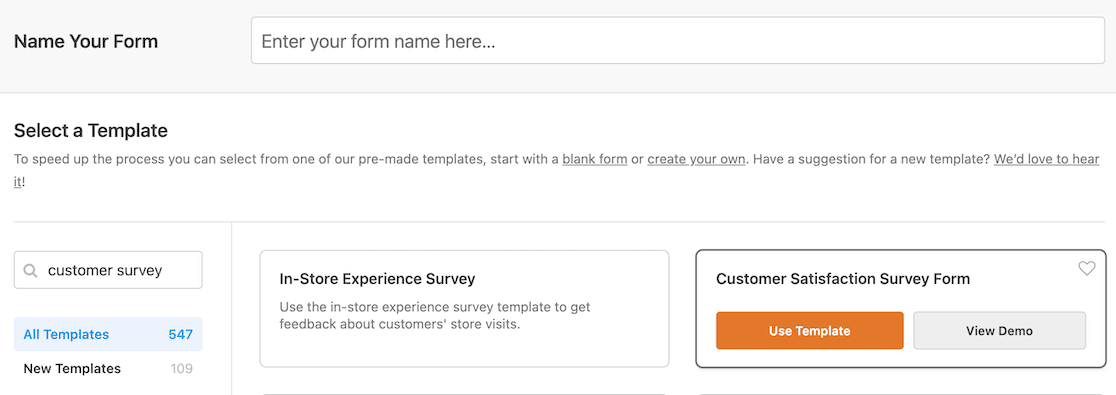 Select a WPForms template