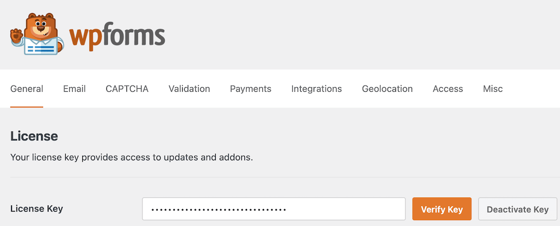 WPForms settings page with General tab selected