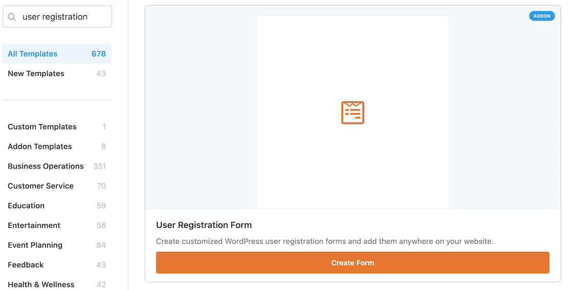 Select the User Registration Form template