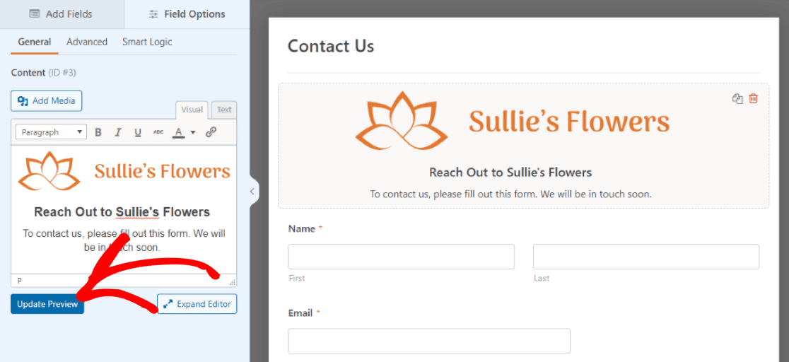 WPForms update preview content field