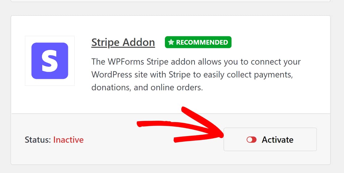 Activate Stripe addon from the WPForms addons page