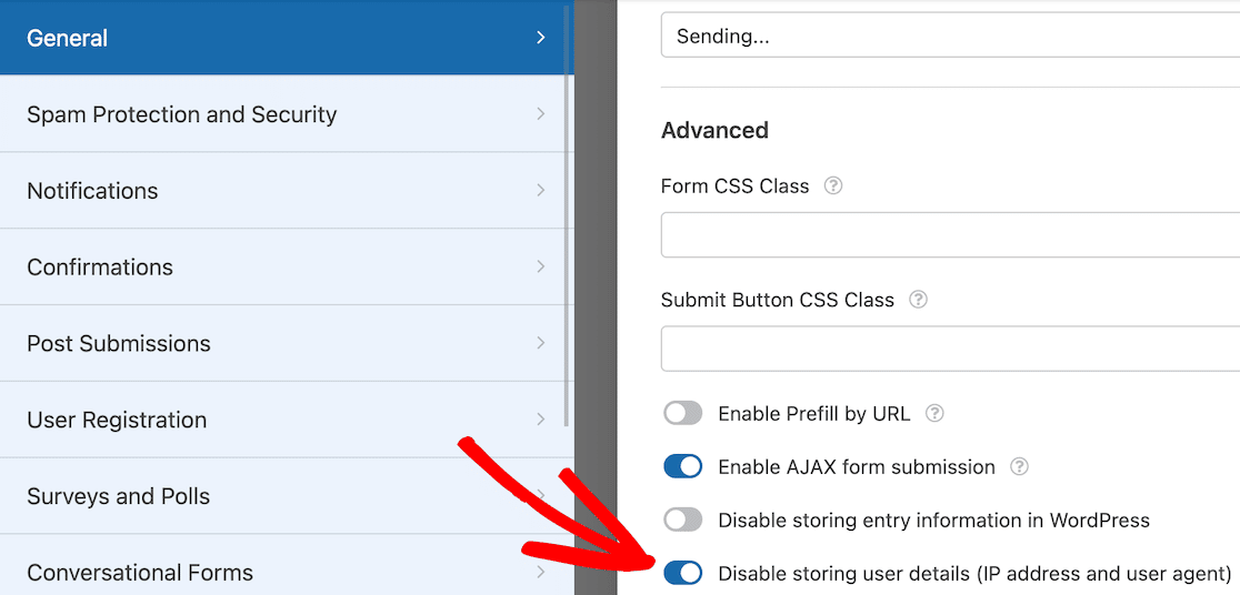 Disable storing user details in the form builder