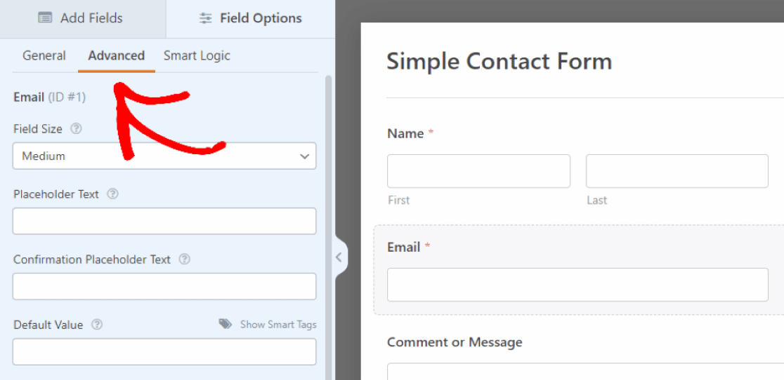 Advanced settings of Email field