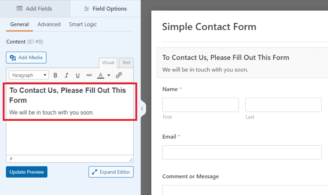 Editing the Content field of the Simple Contact Form
