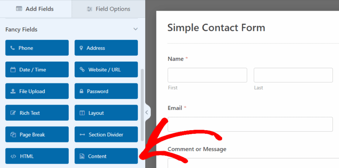 Selecting the Content field on the Simple Contact Form
