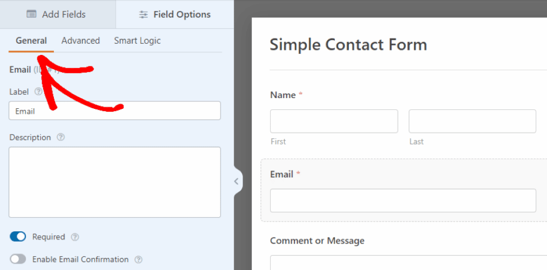 General settings of the Email field