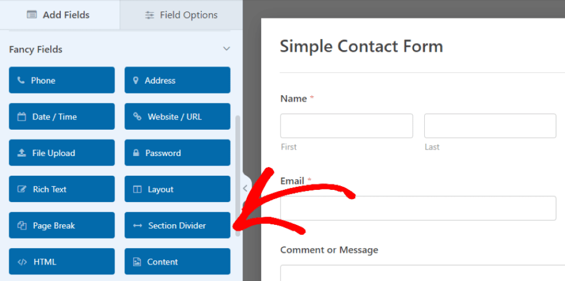 Selecting the Section Divider on the Simple Contact Form
