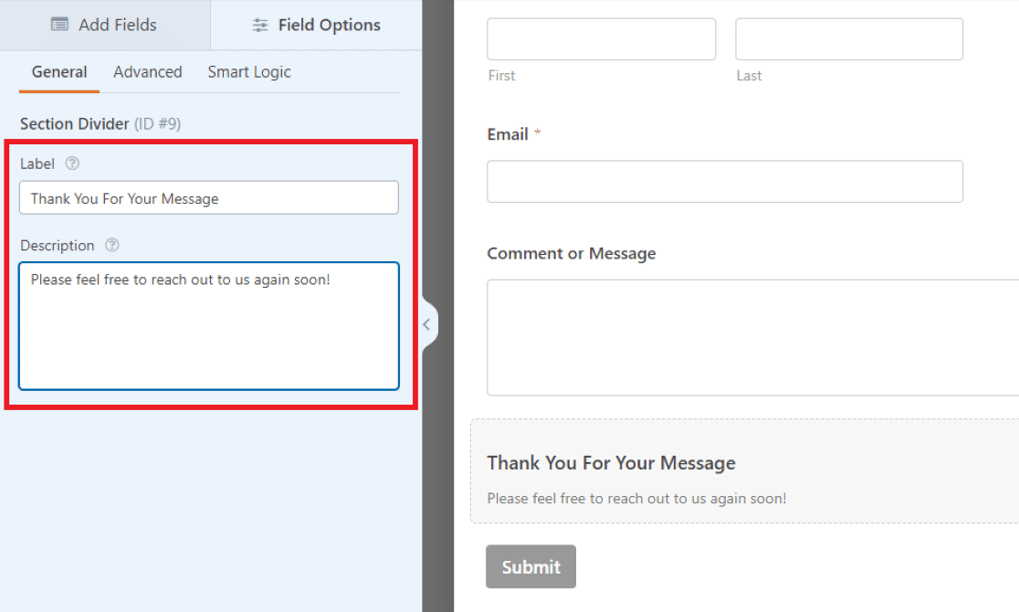 Editing the Label and Description of the Section Divider field