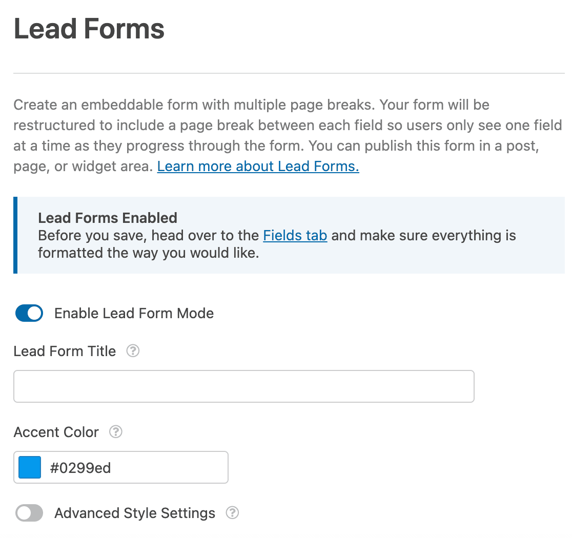 Lead forms settings page