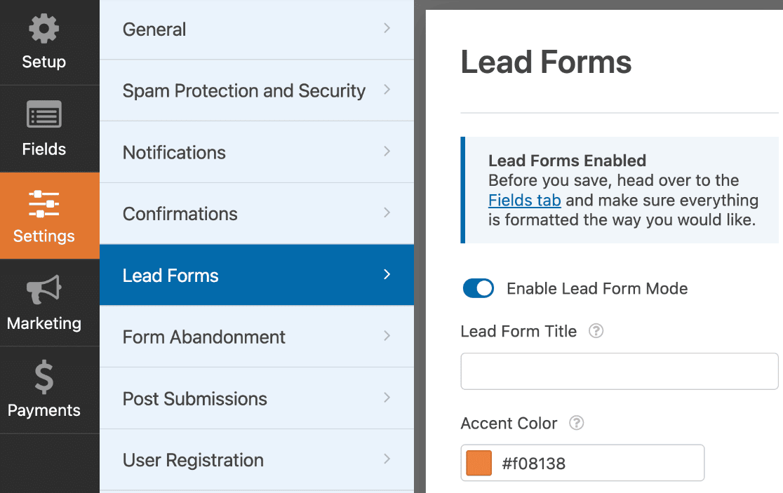 Editing the lead forms settings