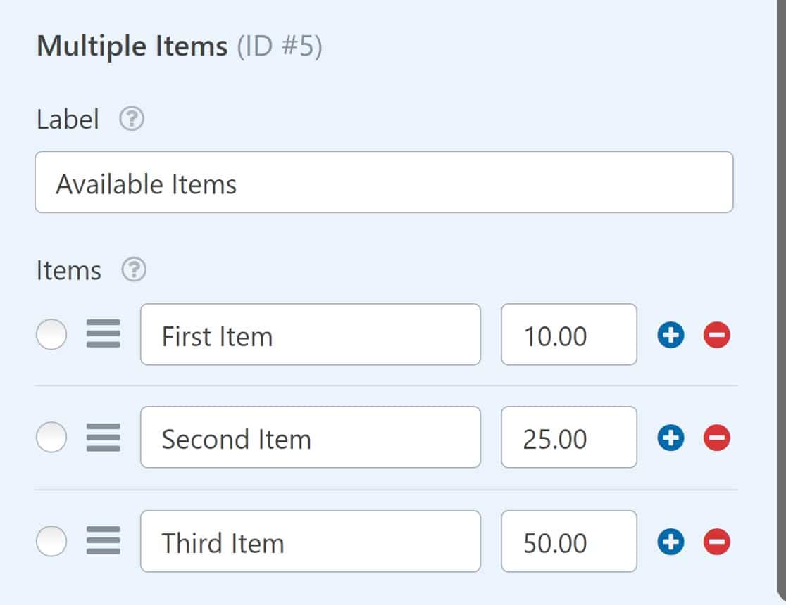 Multiple Items form field options