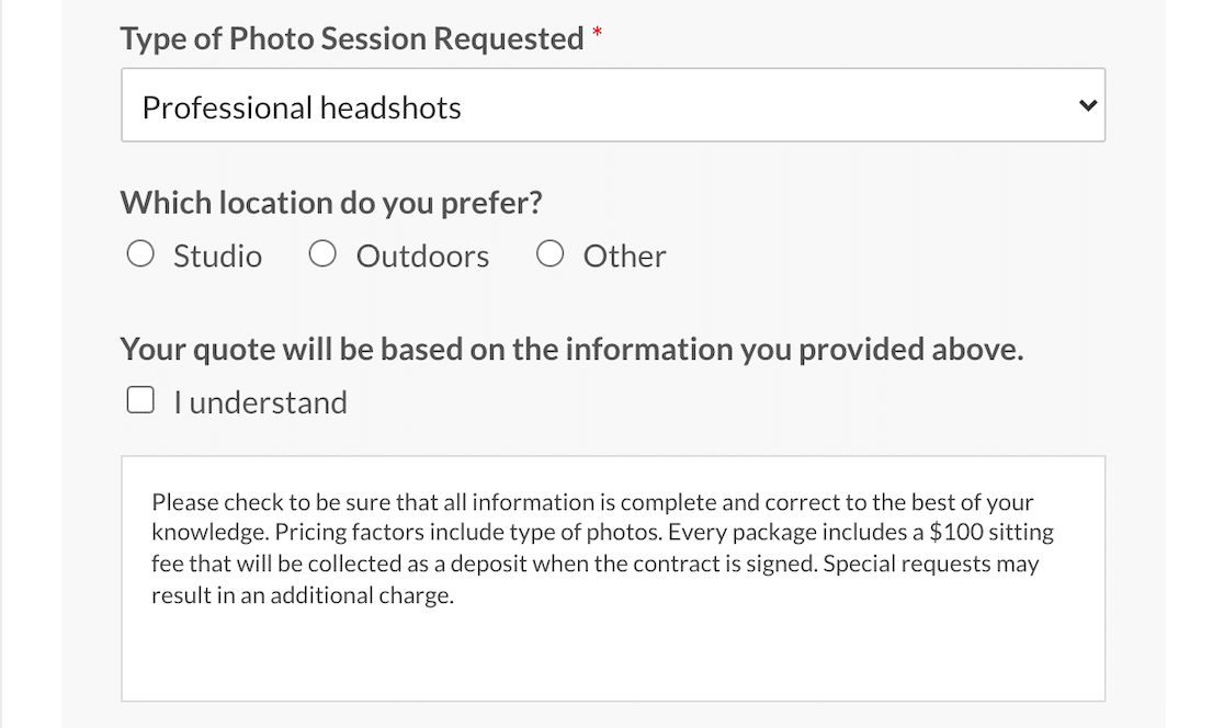 A photo session form template