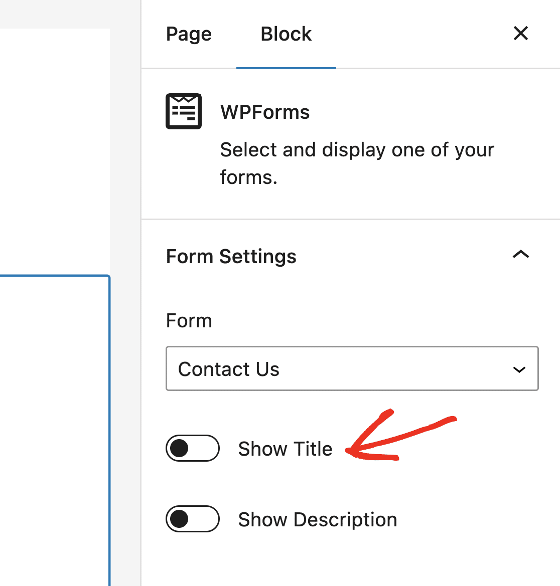 The Show Title setting for the WPForms block in the block editor