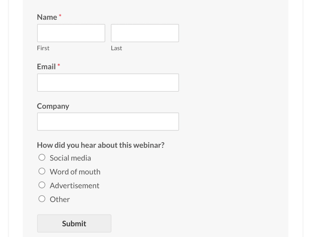 Un modello di modulo di registrazione per webinar