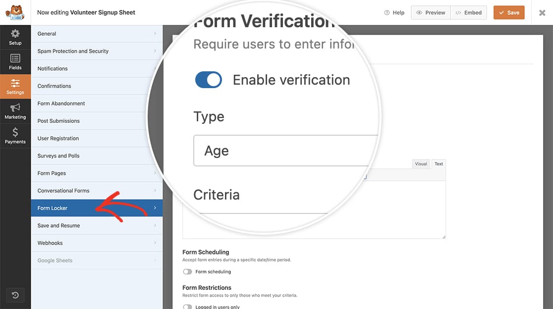 create your form, add your fields and enable the age verification on the Form Locker tab