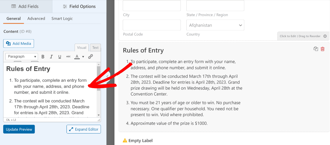 Editing the rules of entry field