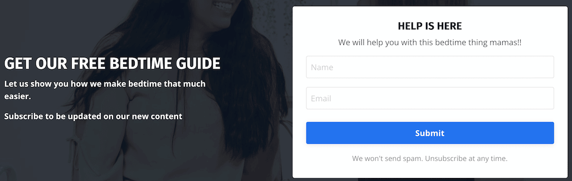 A bedtime guide lead form on the Mama Psychologists page