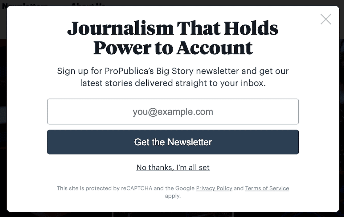 Newsletter signup on ProPublica's website
