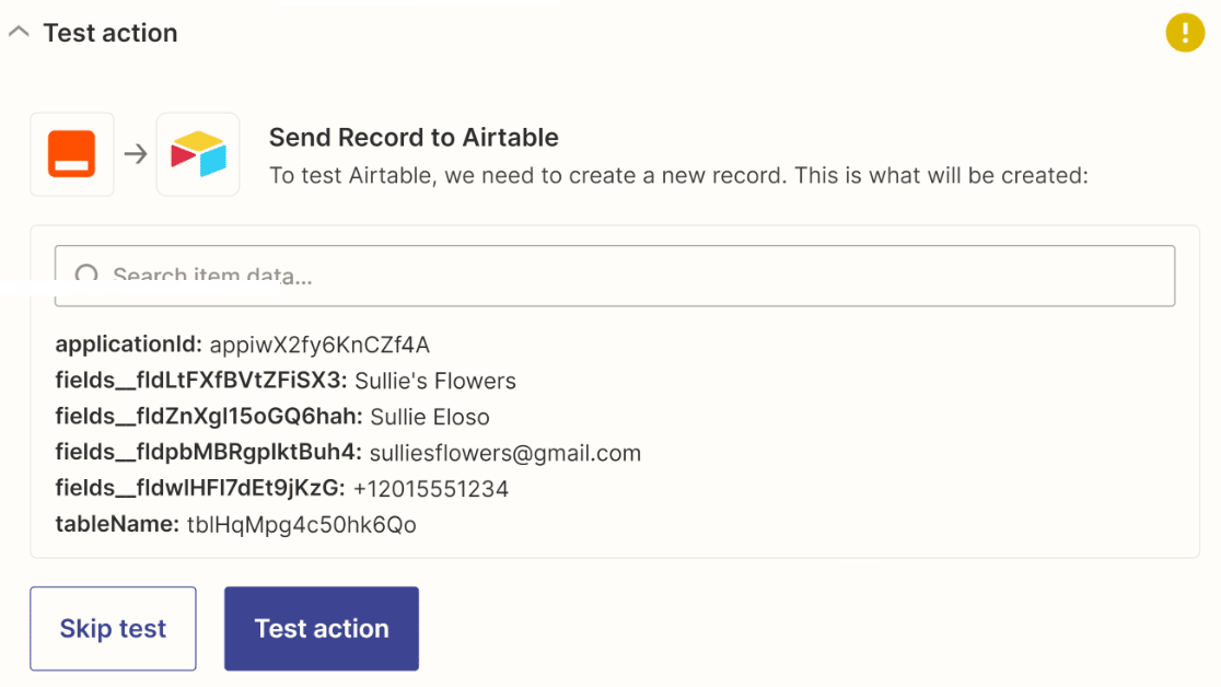 Send test record to Airtable