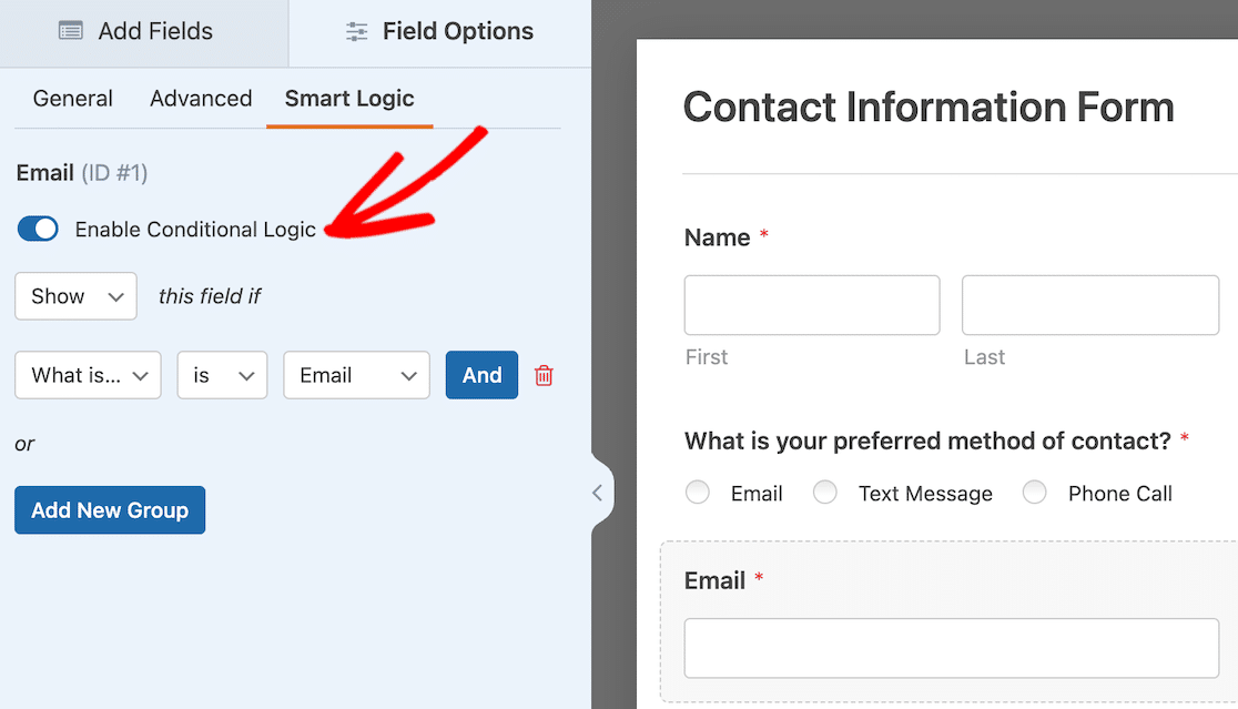 Red arrow pointing to enable conditional logic in WPForms