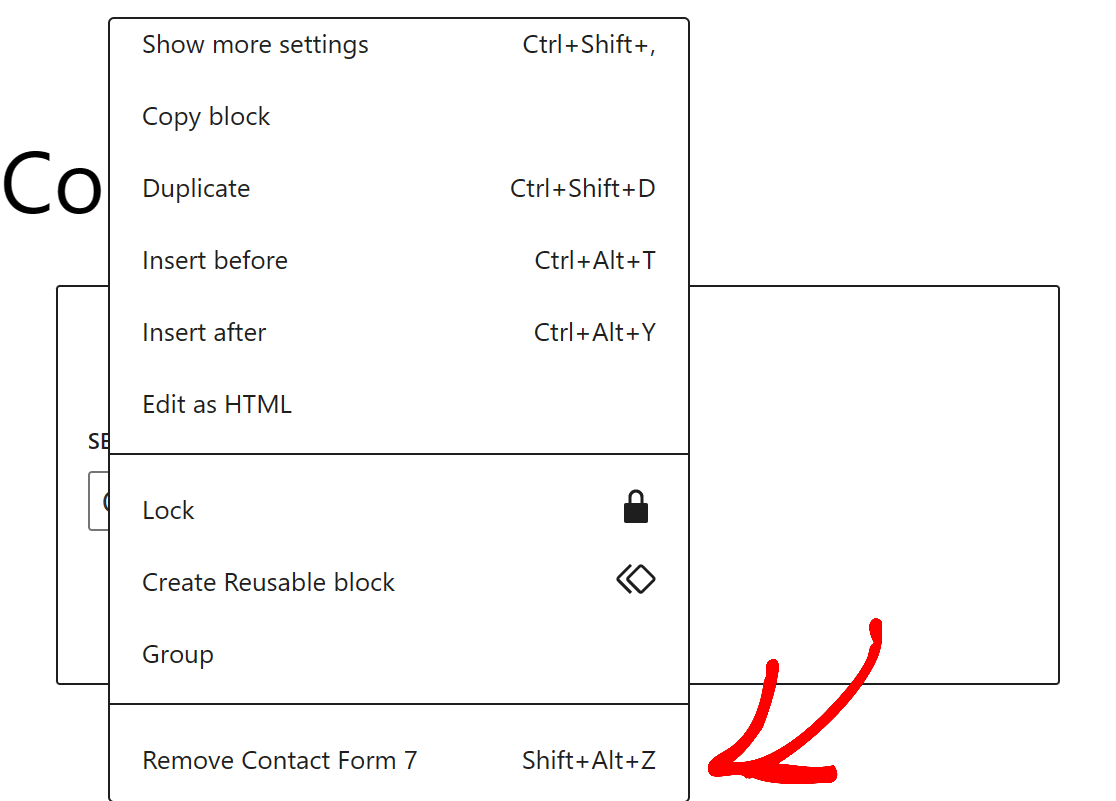 Red arrow pointing to remove the contact form