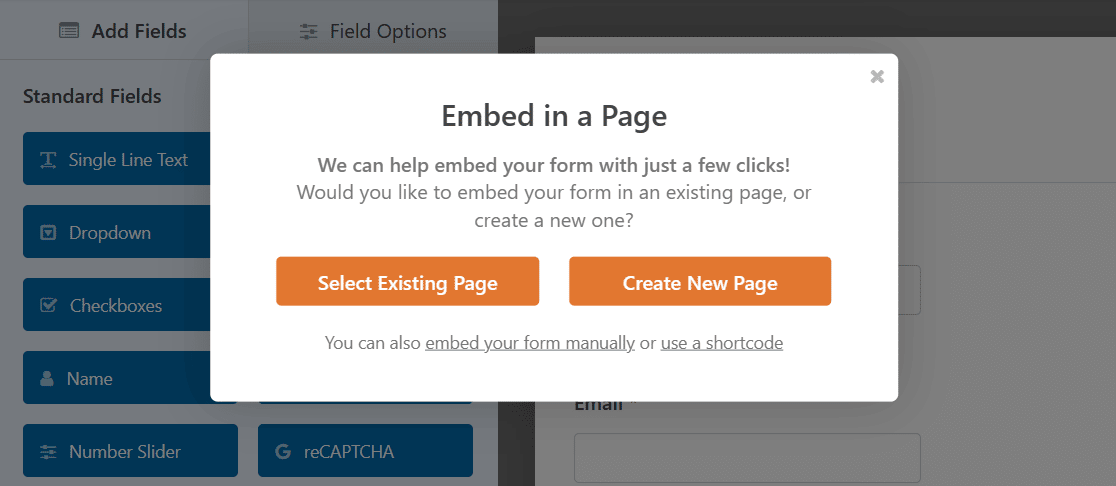 Select an existing page or create a new one to embed your form
