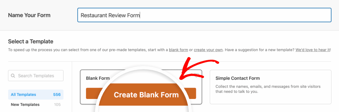Creating a blank restaurant review form